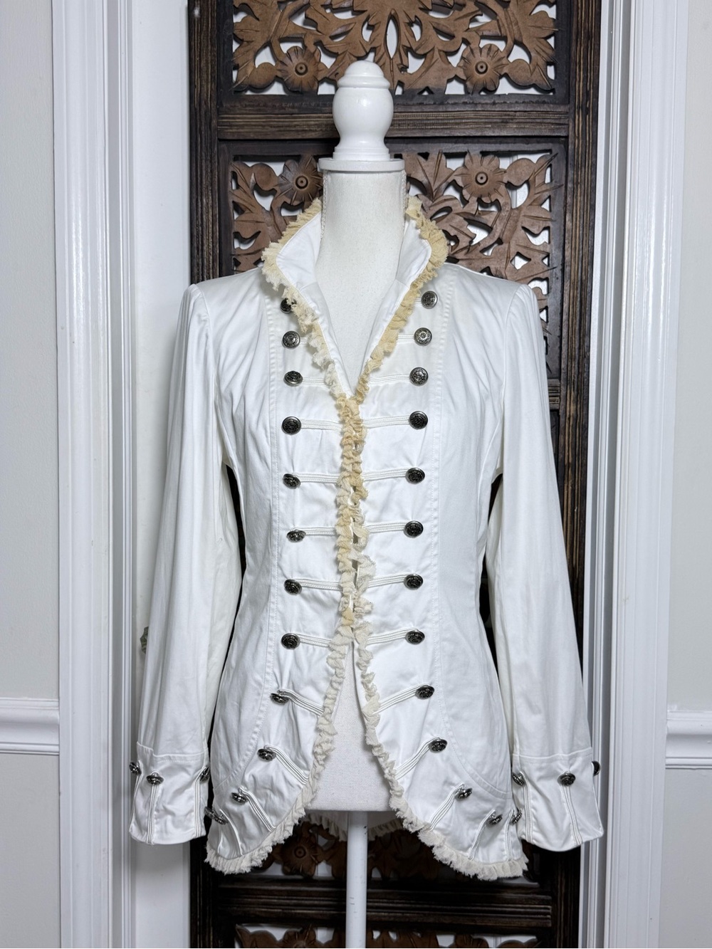 Zelda Victorian Military Band Jacket Blazer‎ White Ruffle Trim Hook Eye Size 8